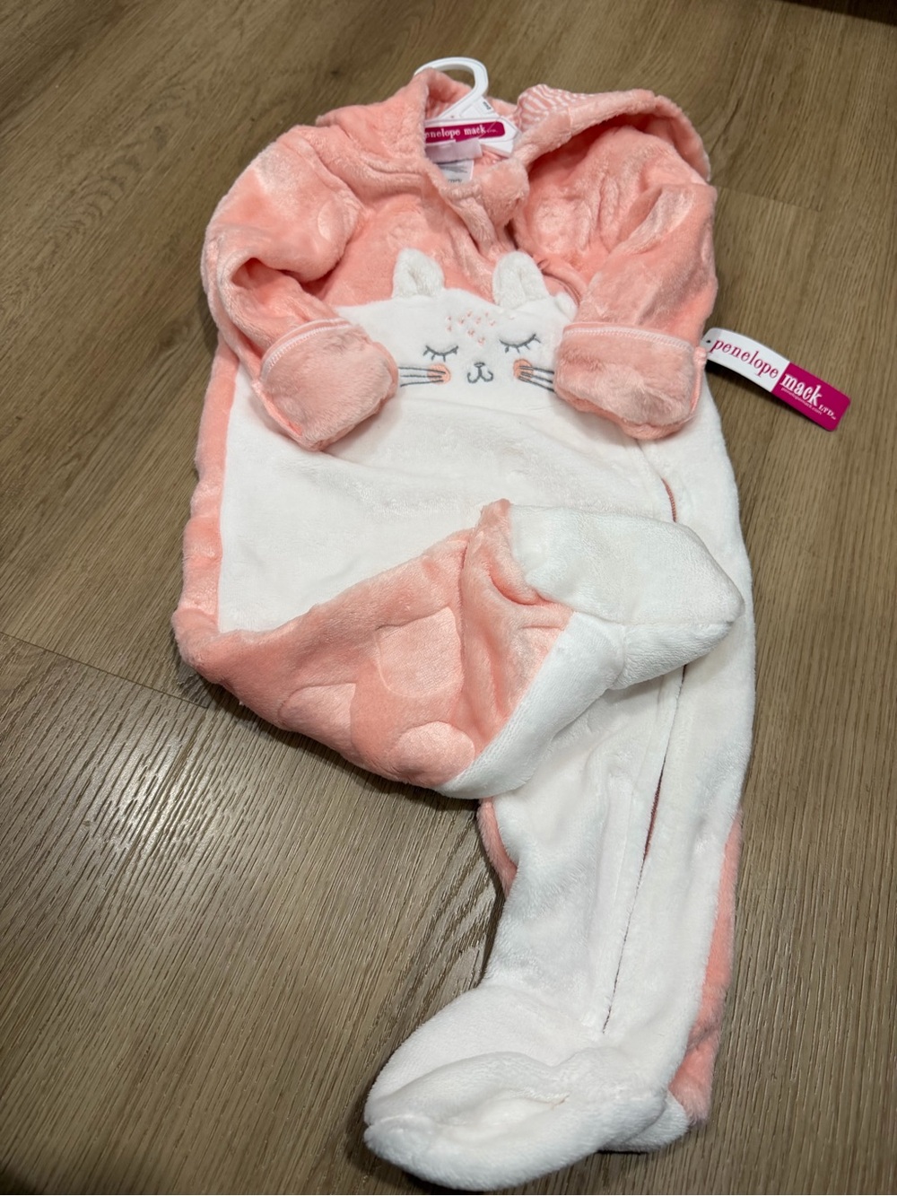 Penelope Mack Peach & White Plush Hooded Footed Pajamas with Embroidered Cat